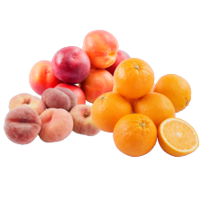 Wilde perziken schaal à 750 gram, nectarines
schaal à 1 kilo of handsinaasappelen net à 2 kilo